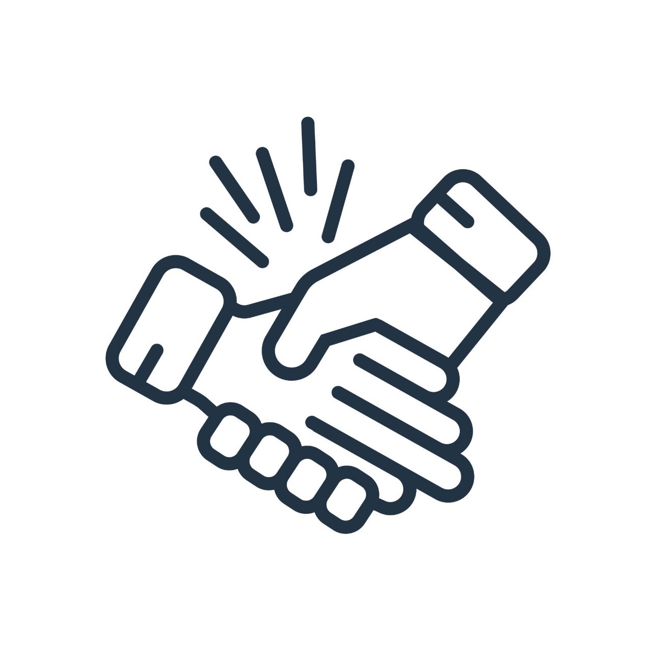 Line drawing of two hands clapping with lines indicating applause.