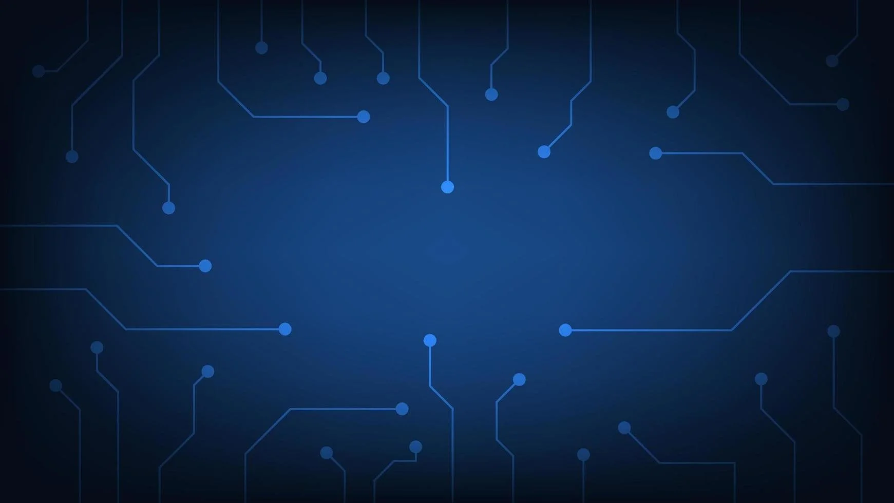 Digital circuit board with blue lines and dots connecting across a dark blue background.