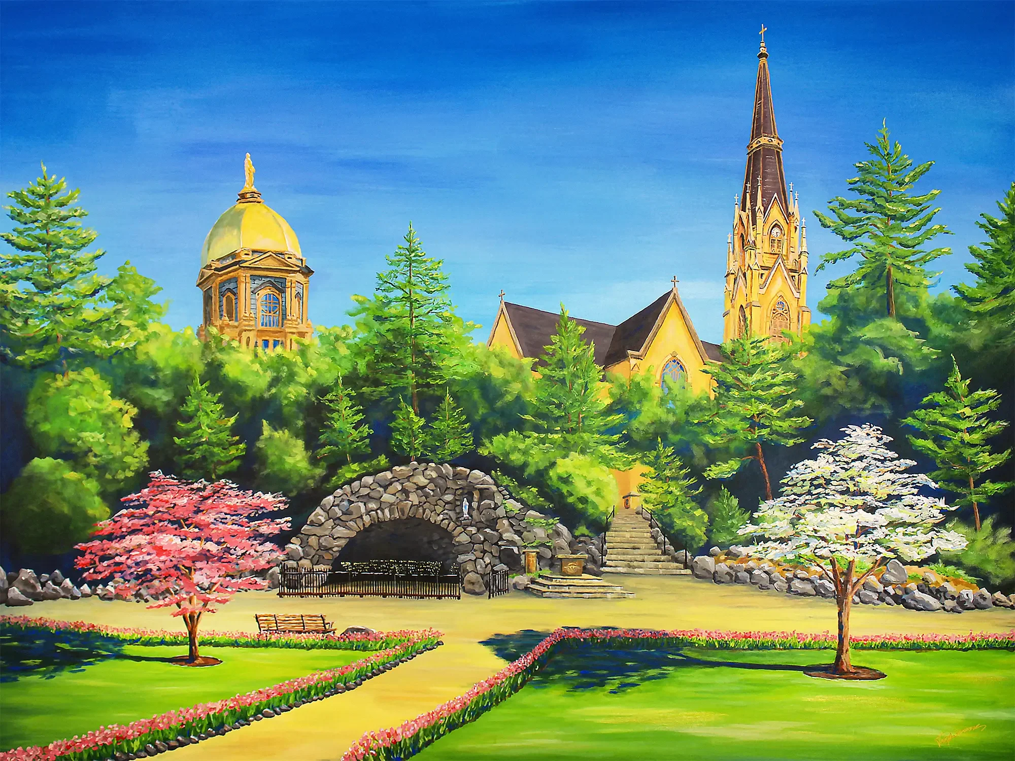 A painting of a church with a tall steeple and a dome, surrounded by lush green trees, pink and white blossoming trees, and a well-maintained garden with flower beds and benches under a clear blue sky.