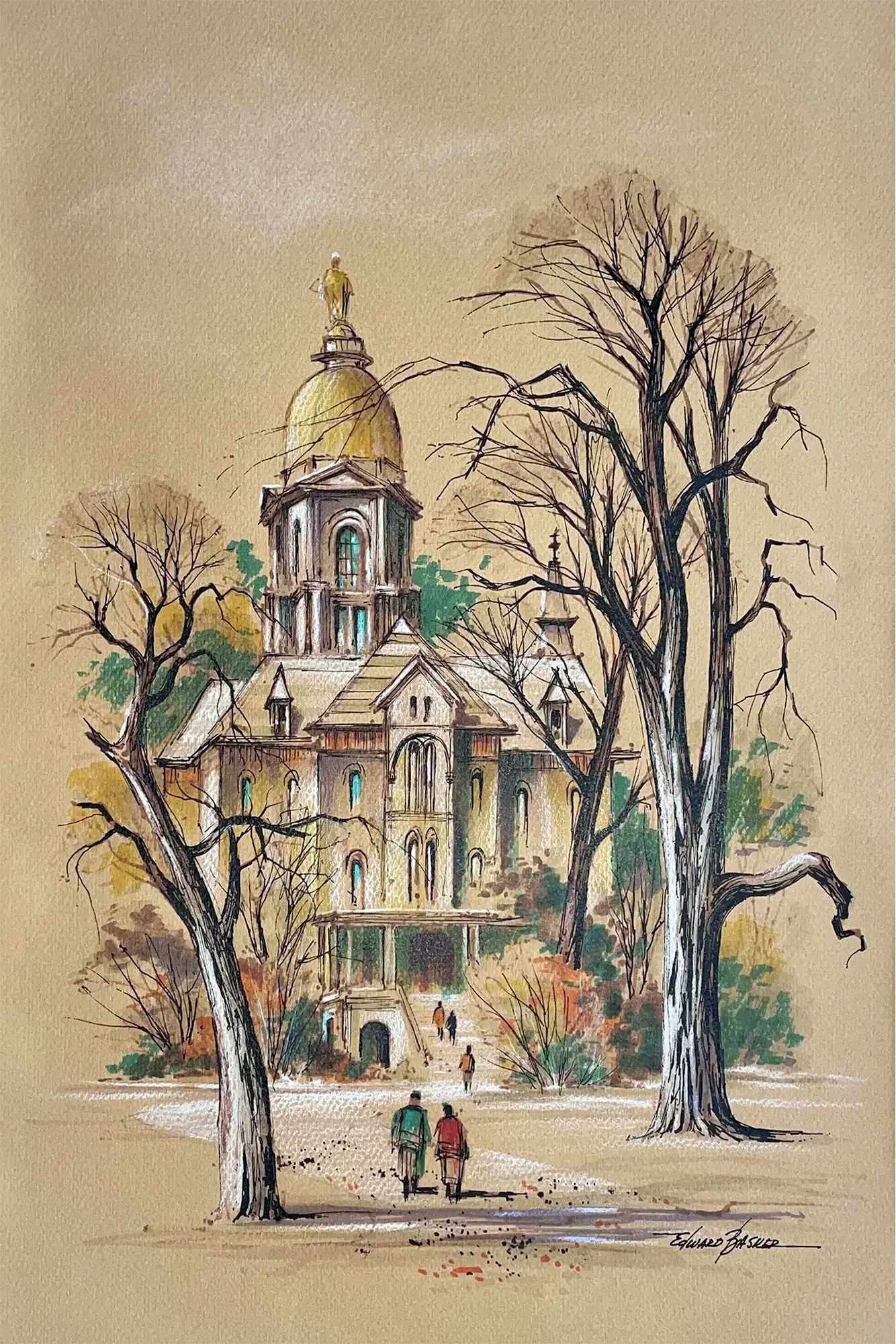 A watercolor painting of a church with a gold dome and a statue on top, surrounded by leafless trees, with people walking in front of it.