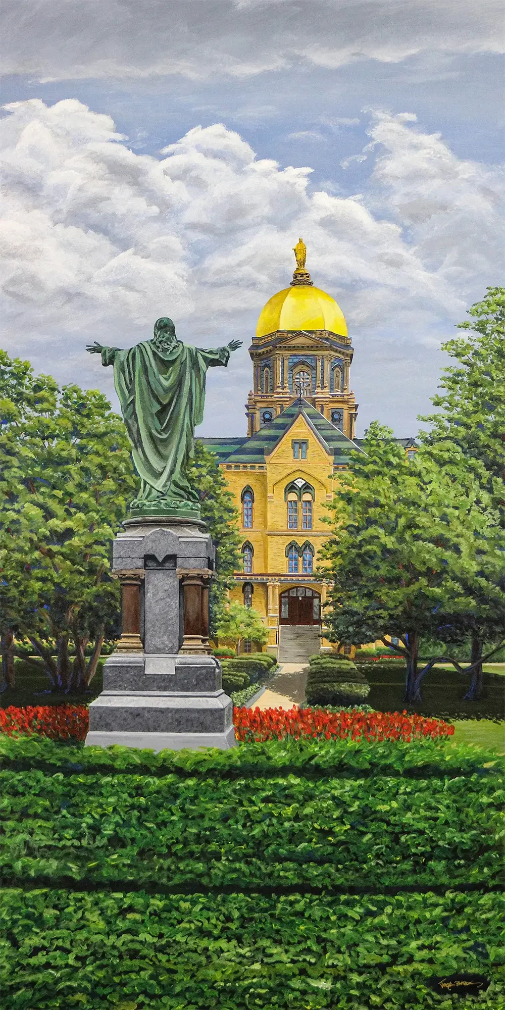 Jared Basker's 2025 painting of the Golden Dome with the statue of Jesus in the foreground.