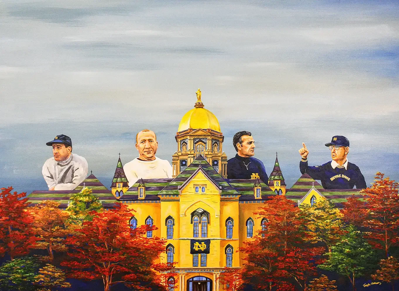 A painting of Notre Dame's golden dome with four head coaches in the sky surrounding the building with autumn foliage.
