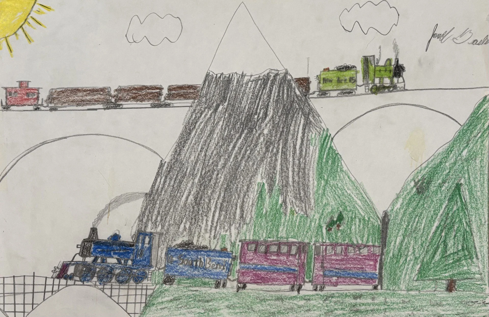 A child's drawing of a train traveling through mountains with a train on the bridge in the background and a sun and clouds in the sky.