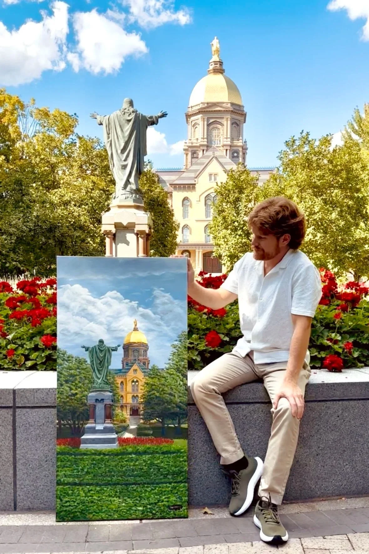 Jared Basker features his painting of Notre Dame's golden dome in the exact spot from which he took inspiration to paint the four foot by 2 foot scene.