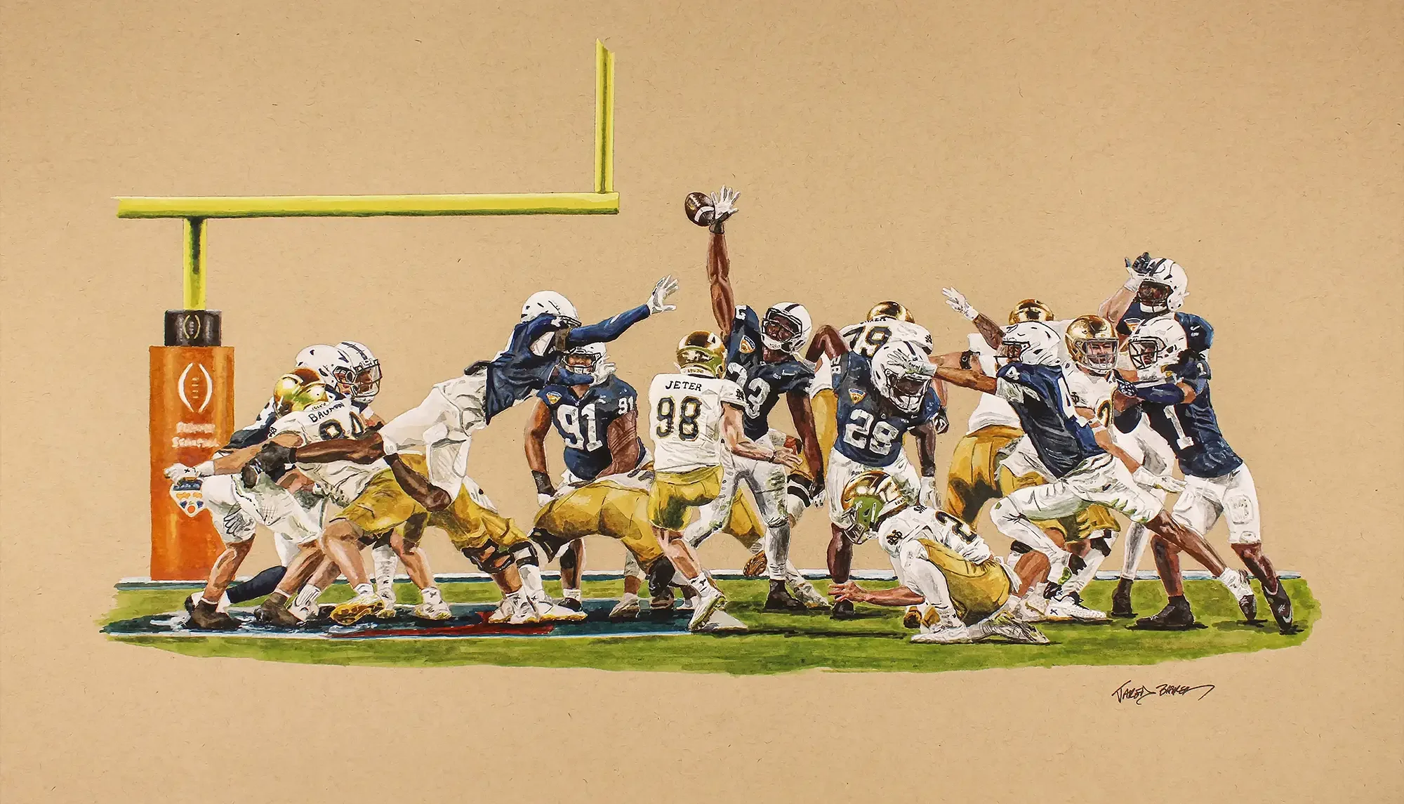 Jared Basker's painting of The 2025 Orange Bowl - Notre Dame vs. Penn State. The game winning field goal that put the Irish ahead of Penn state 27-24.