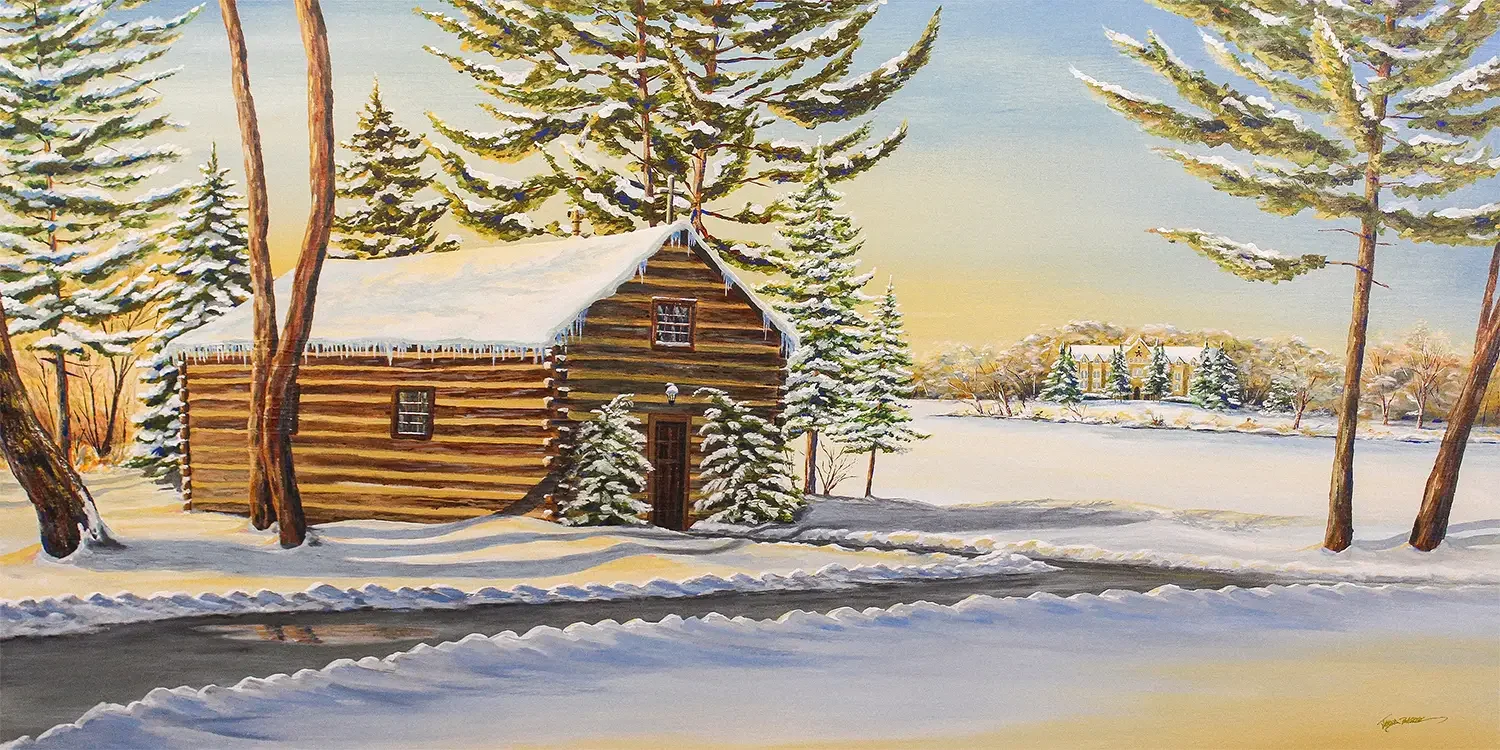 A winter landscape painting of Notre Dame's Log Chapel surrounded by snow-covered trees with a snow-covered frozen lake and distant Holy Cross dorm hall in the background during sunset