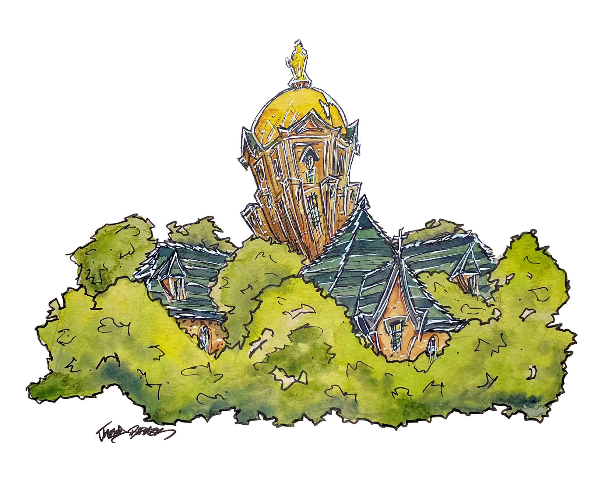 A watercolor illustration of the golden dome.