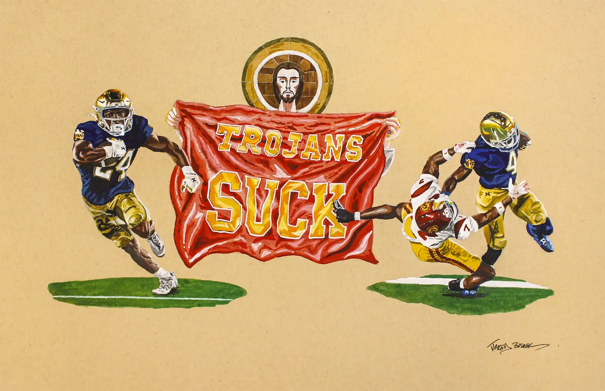 Jared Basker watercolor paying tribute to the Notre Dame vs. USC rivalry. The scene depicts running backs Price as well as Love running against a USC defender. In the center of the painting, shows Touchdown Jesus holding a flag reading Trojans Suck