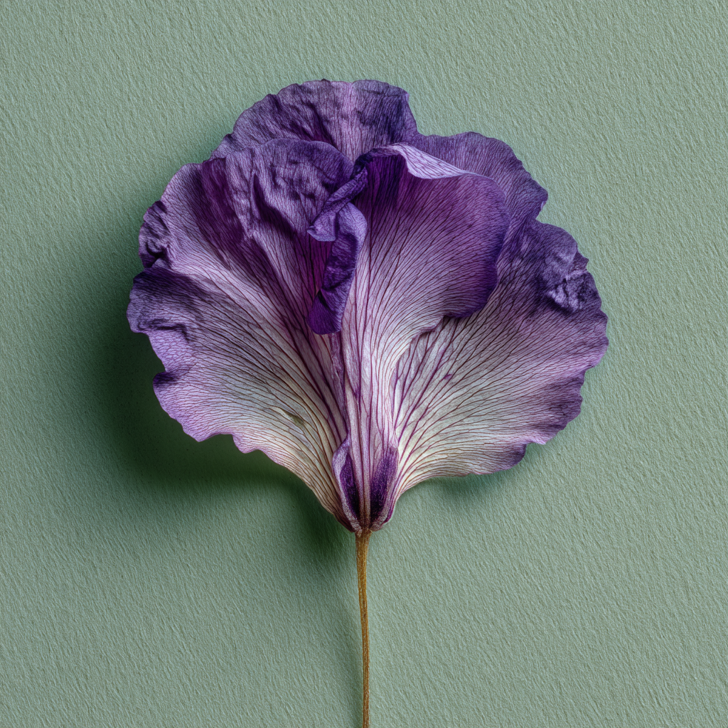 A close-up of a purple and white flower petal on a green background.