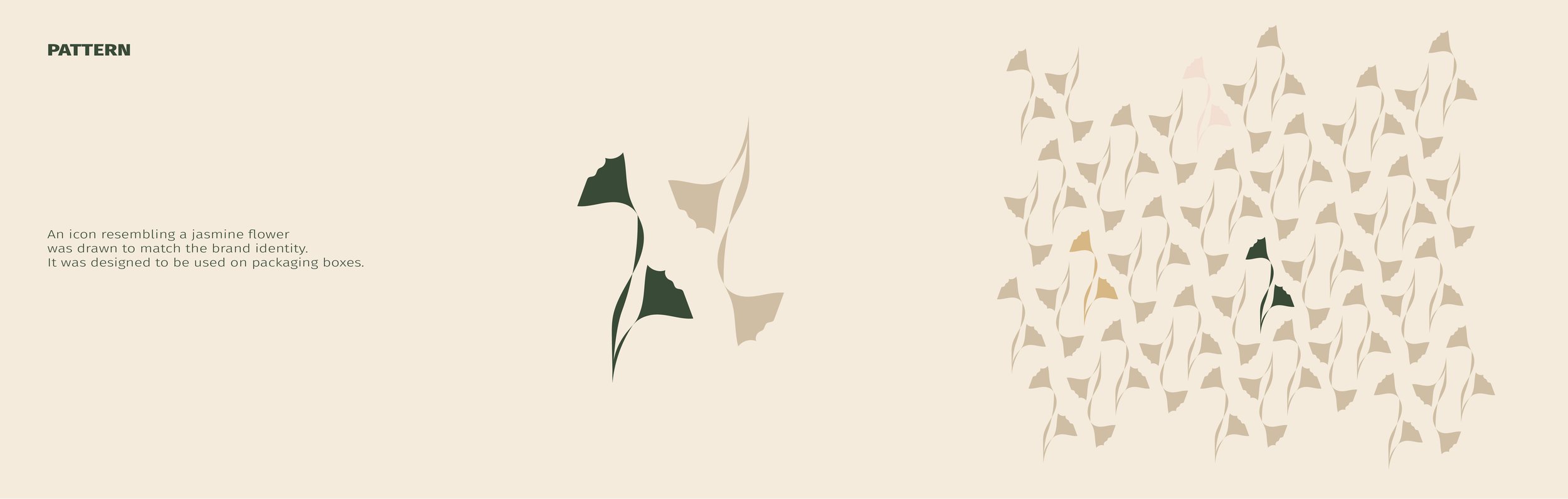 A beige background with a pattern of jasmine flower icons, some in dark green and light beige, designed for packaging boxes