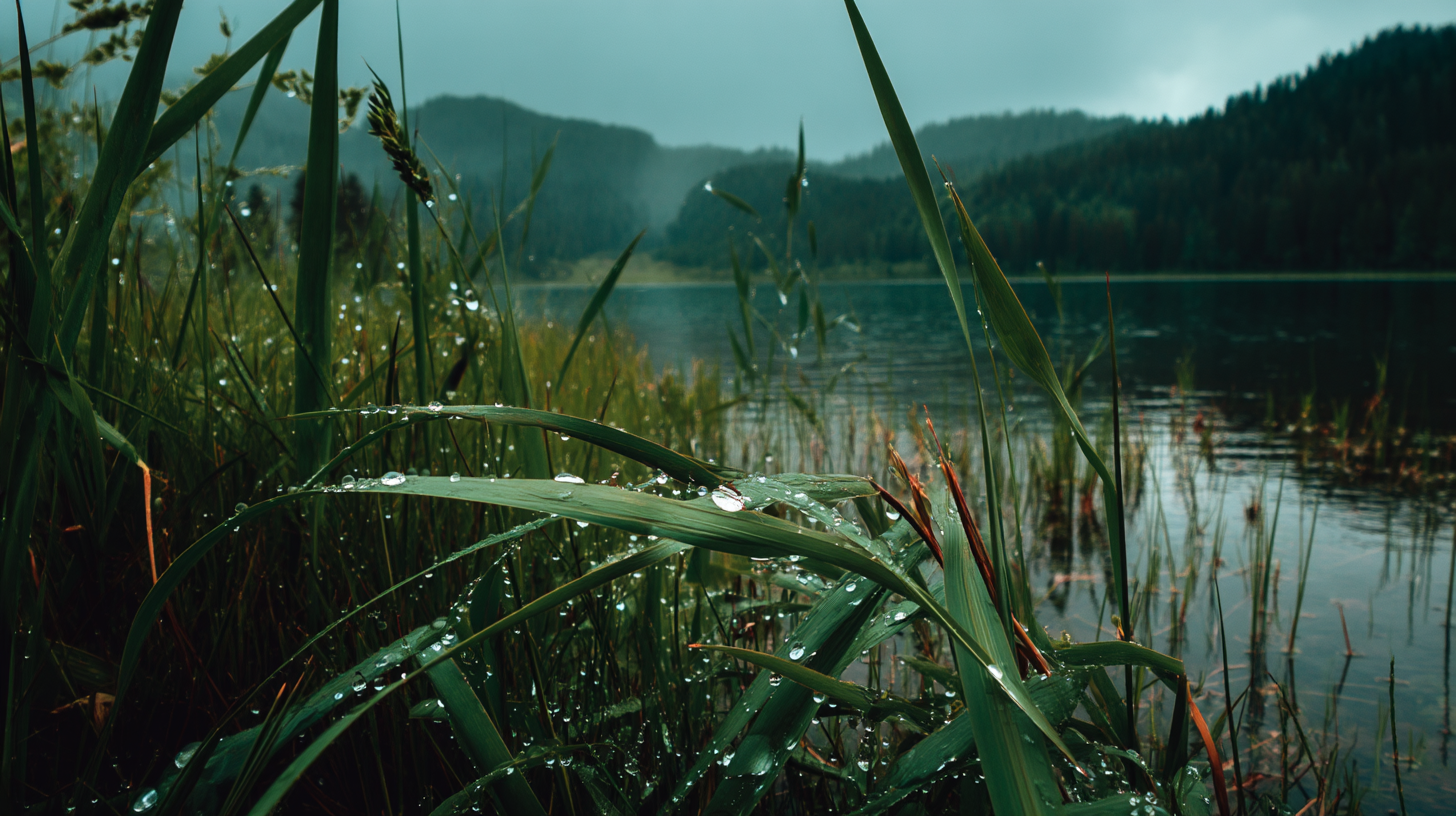 Close-up of green reeds with dew drops in the foreground by a lake, with misty mountains and forest in the background on a cloudy day.