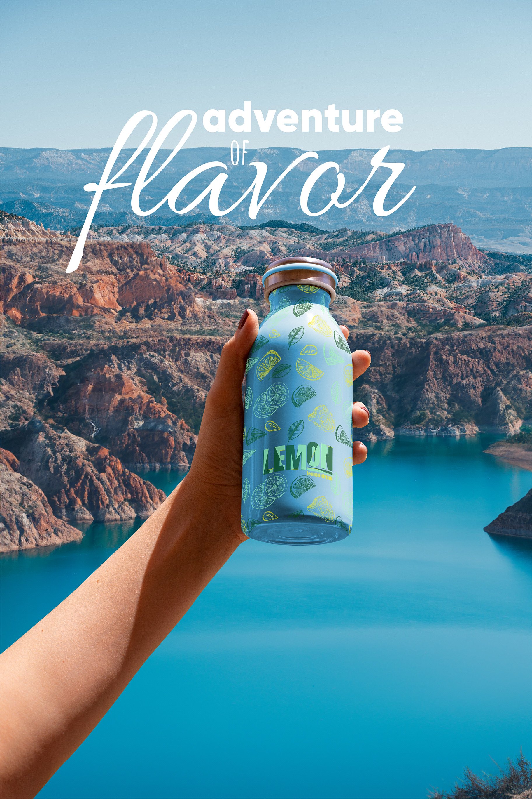 Person holding a lemon-flavored beverage can over a scenic canyon landscape with a lake, mountains, and clear blue sky in the background. Text reads 'adventure of flavor'.