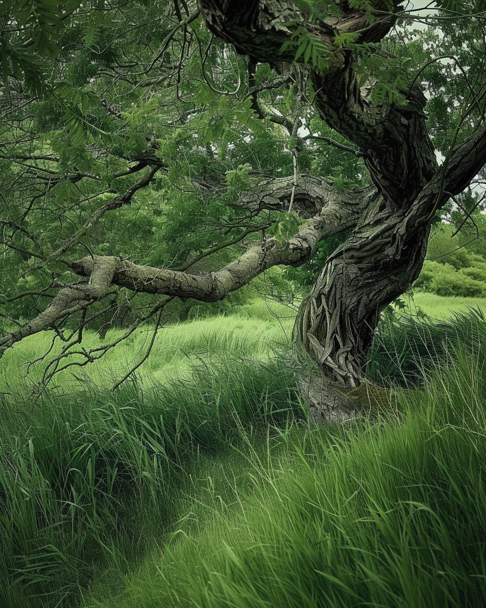 A twisted, gnarled tree with dark bark and lush green leaves growing in a grassy field.