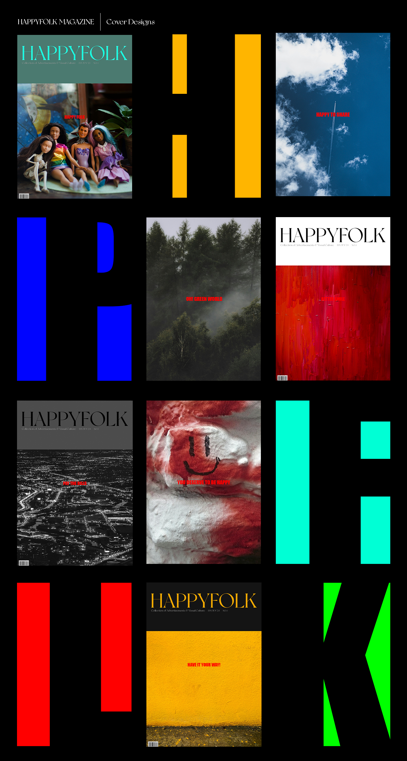 A collage of magazine covers titled 'HAPPYFOLK' with various images including dolls, clouds, trees, cityscape, a smiling face, and colorful abstract art.