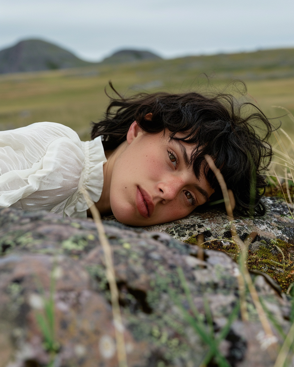 A woman lying on the ground outdoors on a rocky surface, with a blurred grassy landscape and hills in the background.