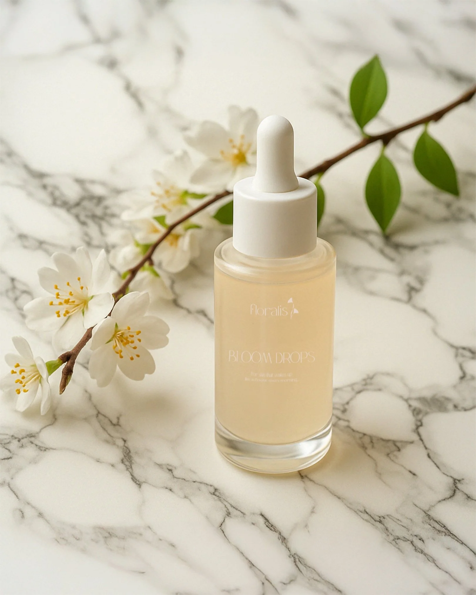 A bottle of floral face serum labeled 'Bloom Drops' with a white dropper cap, placed on a white marble surface with white flowers and green leaves.