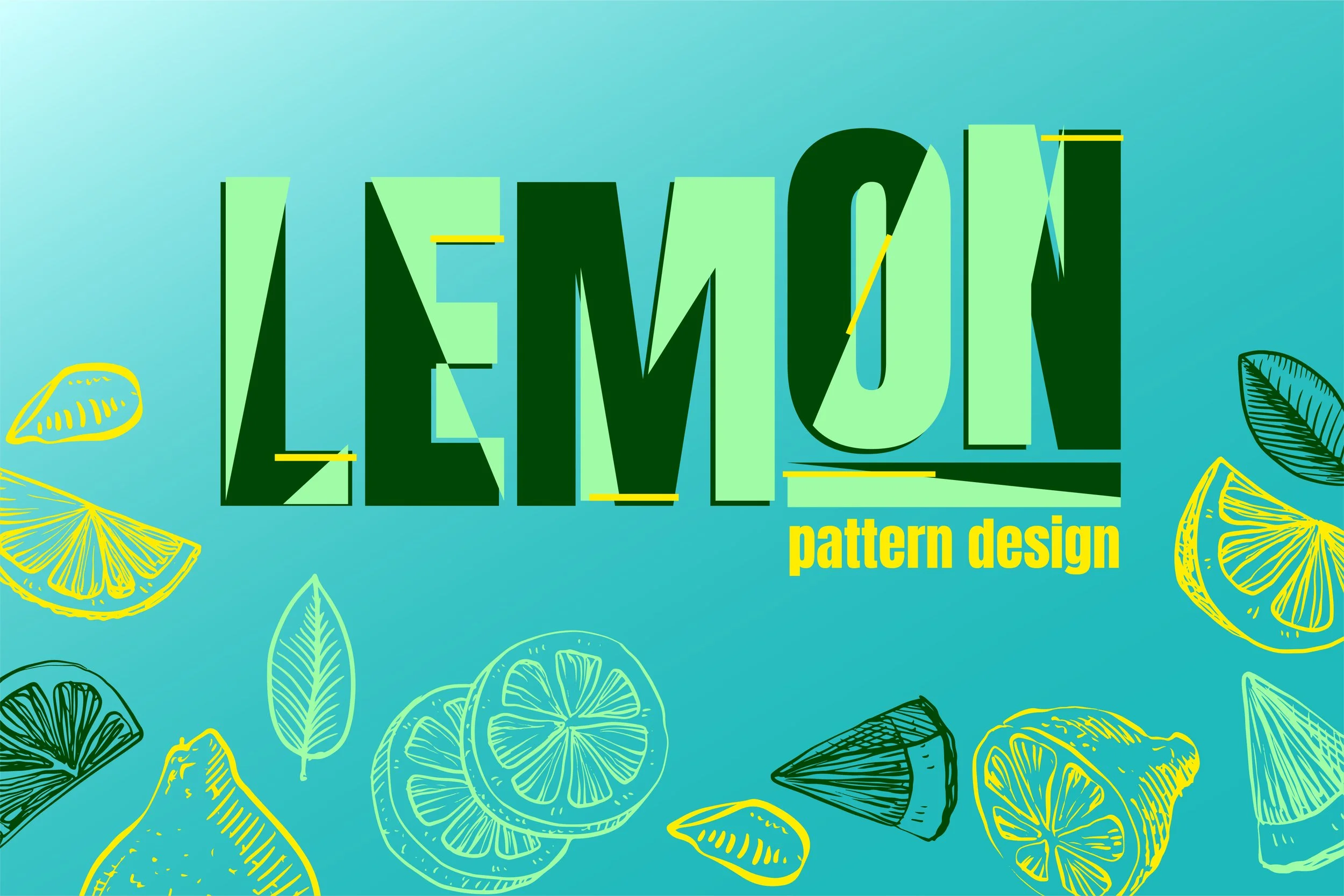 Colorful design featuring the word 'LEMON' in large green letters with yellow accents, surrounded by illustrations of lemon slices, lemon wedges, leaves, and lemon-themed elements on a blue background.