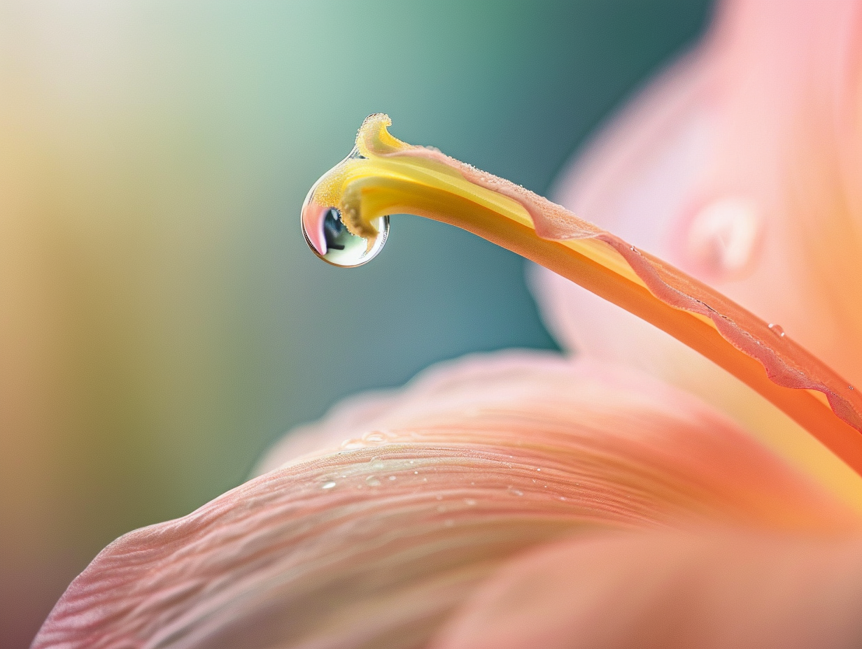 Close-up of a flower petal with a water droplet hanging from the tip of the stamen.