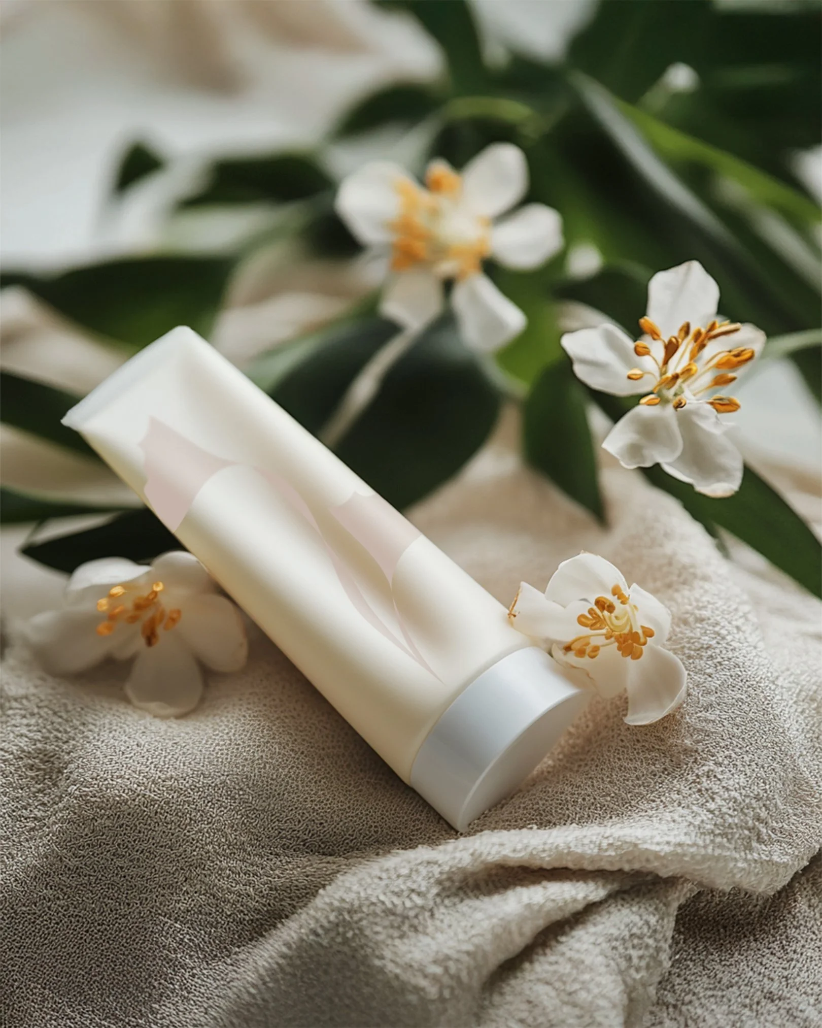 A tube of skincare product placed on a soft beige towel, surrounded by white flowers with orange stamens, and green leaves in the background.