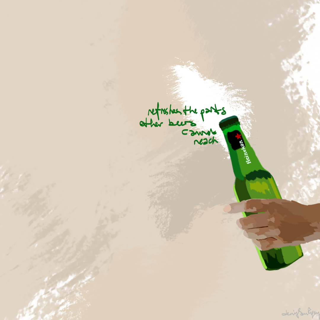 A hand holding a green Heineken beer bottle with writing in green ink that says, "retakes the parts after beer can reach".