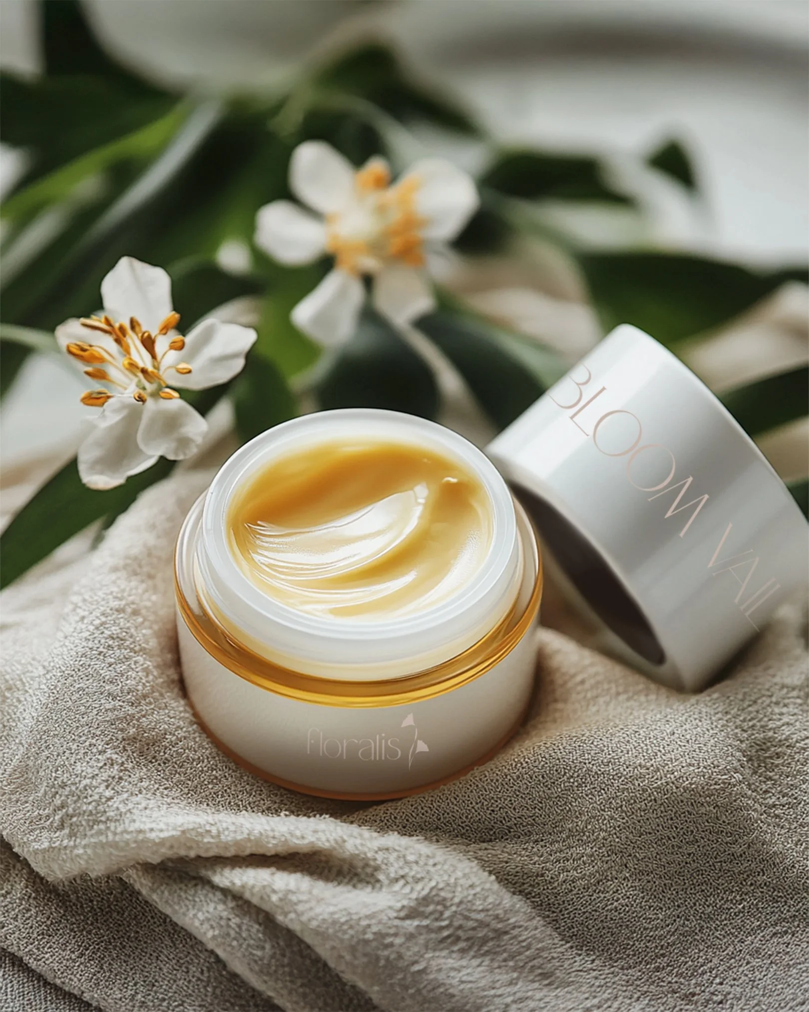 Open jar of floral balm with cream inside, surrounded by white flowers and green leaves, on a beige cloth.