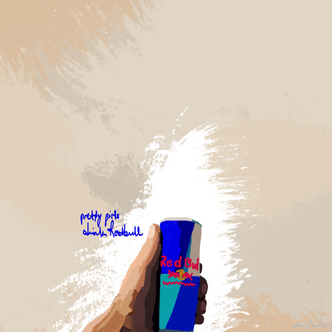 A digital illustration of a hand holding a can of Red Bull energy drink with the splash of liquid in the background. Blue handwritten text reads "pretty girls drink Red Bull."