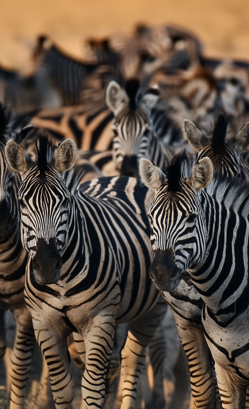 A herd of zebras with black and white striped fur standing close together.