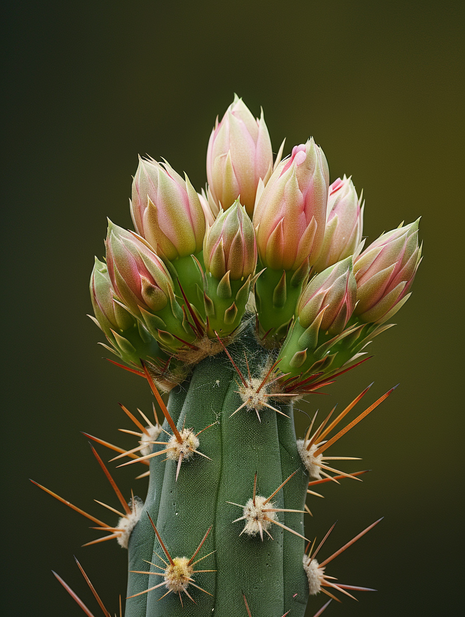 Close-up photograph of a cactus with pink flower buds at the top and long, sharp orange spines on the green body.