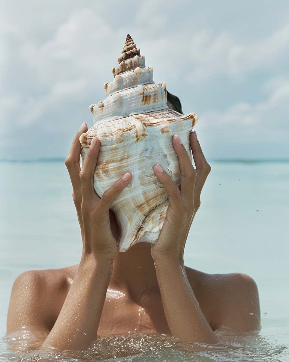 Person holding a large seashell in front of their face while standing in the ocean.