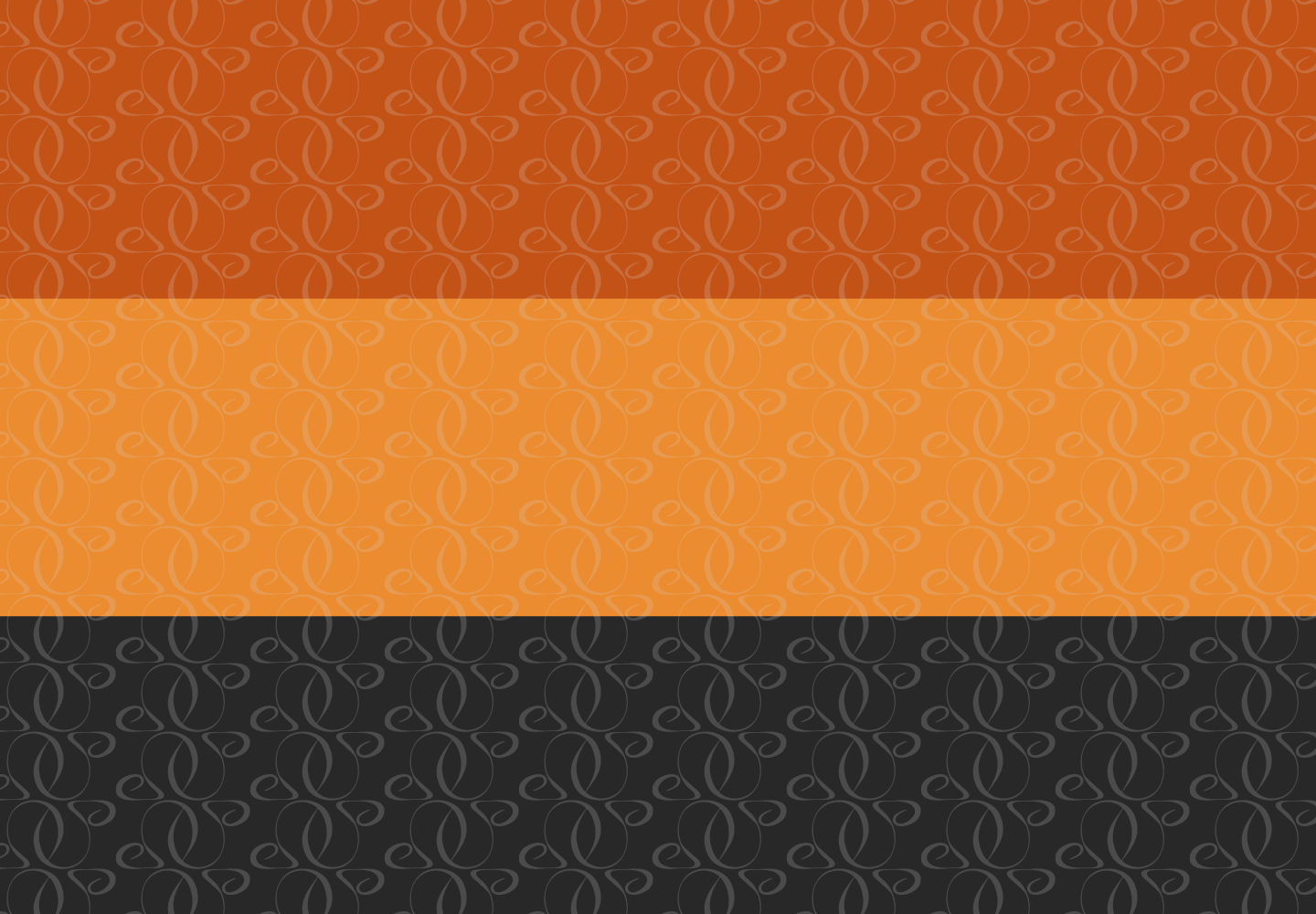 A patterned background with three horizontal sections in brown, orange, and black, each featuring a repetitive, intertwined swirl design.