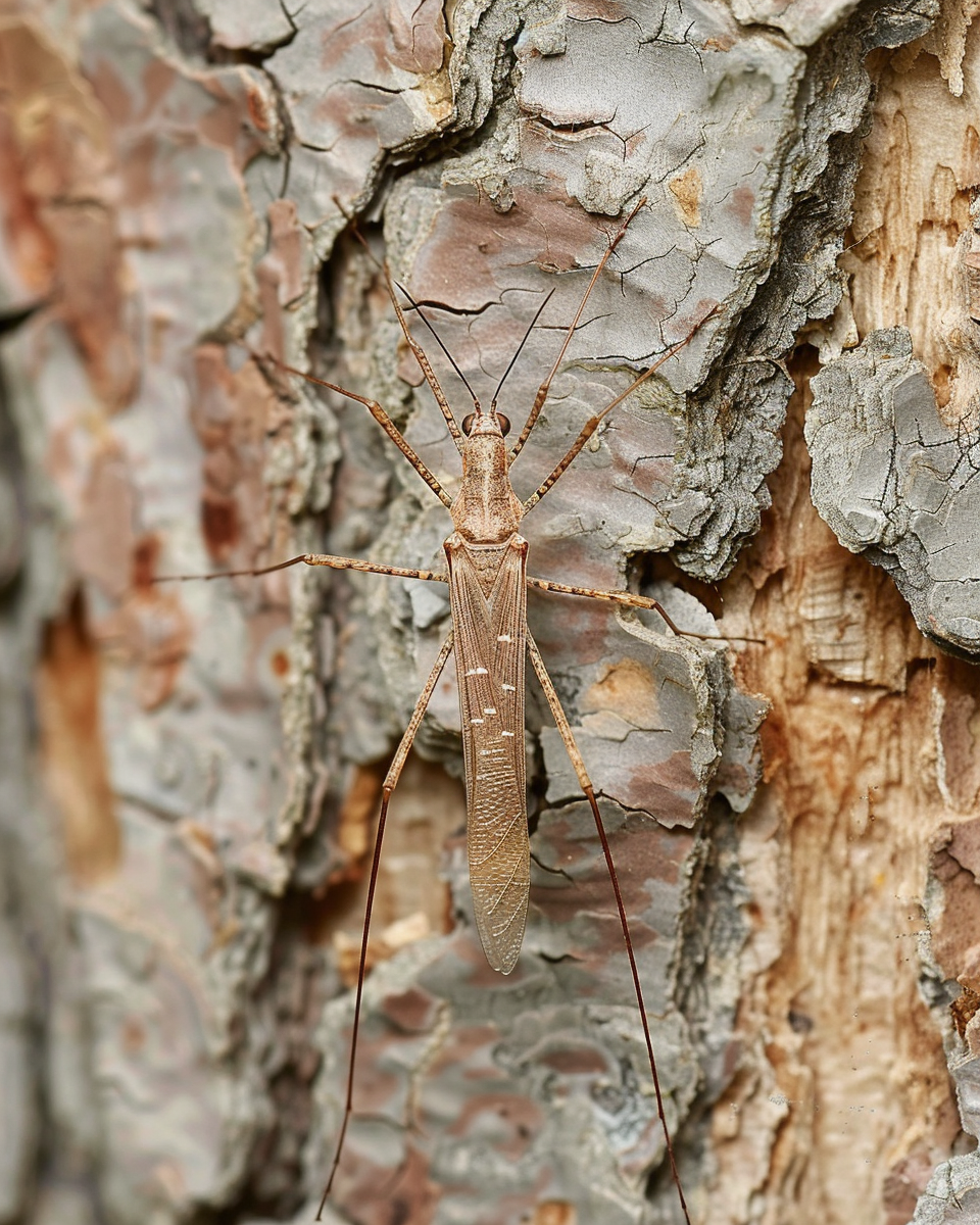 Close-up of a large insect, likely a crane fly, on rough, textured tree bark.