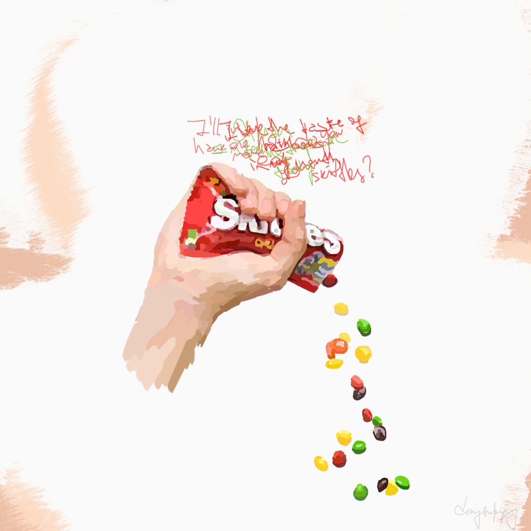 A hand holding a candy box labeled 'Skittles,' with colorful candies spilling out. There is red, green, yellow, orange, and purple candy scattered below. Handwritten red and green text appears above the spilling candies, but it is partly illegible.