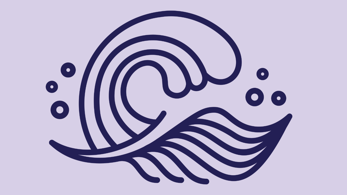 Minimalist line drawing of a large wave with foam, with a circular rainbow or concentric circles in the background, on a light purple background.