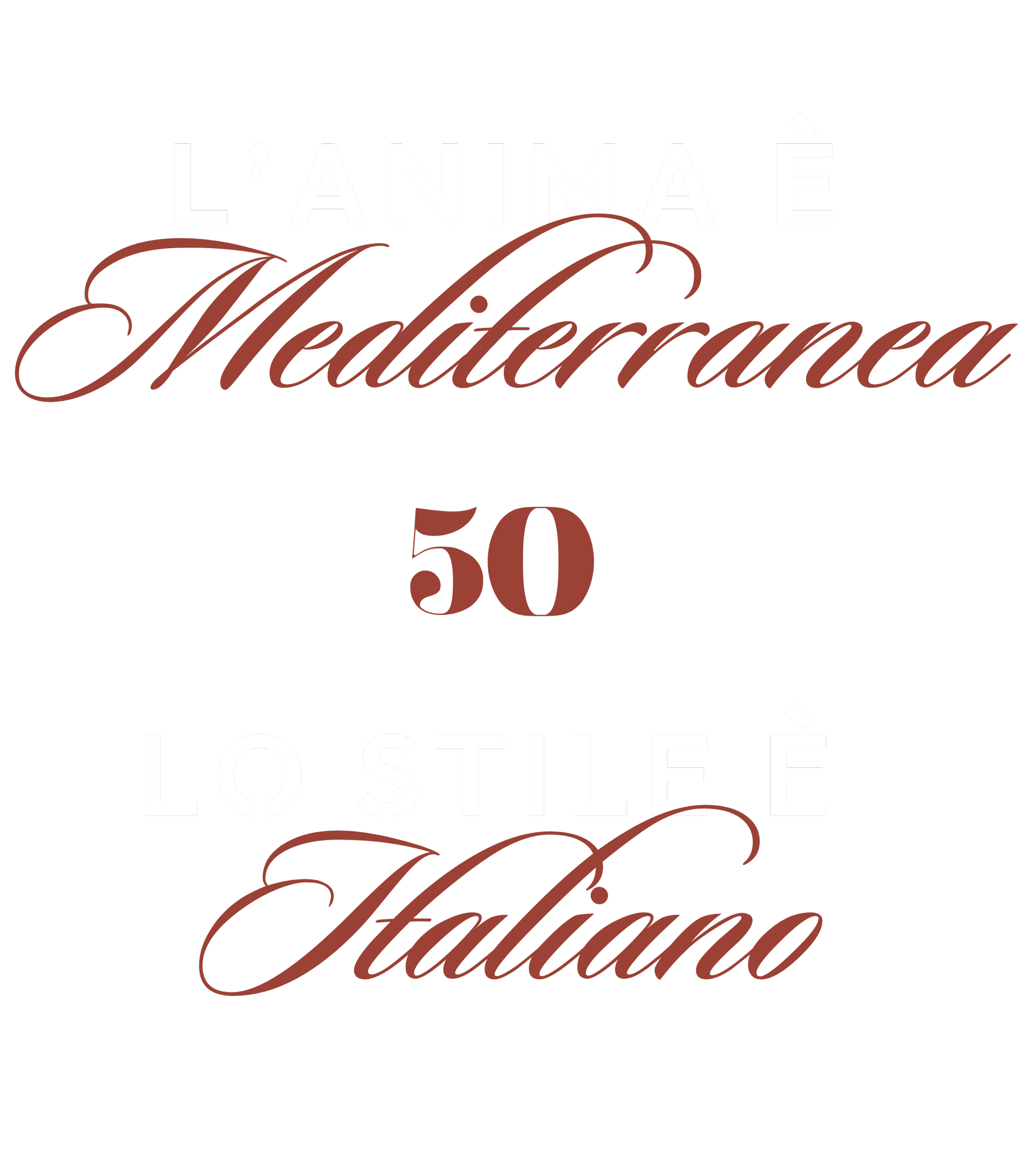 Text in Italian and French on a black background that reads 'L'ANIMA È Mediterranean 50' and 'LO STILE È Italiano' in white and brown cursive fonts.