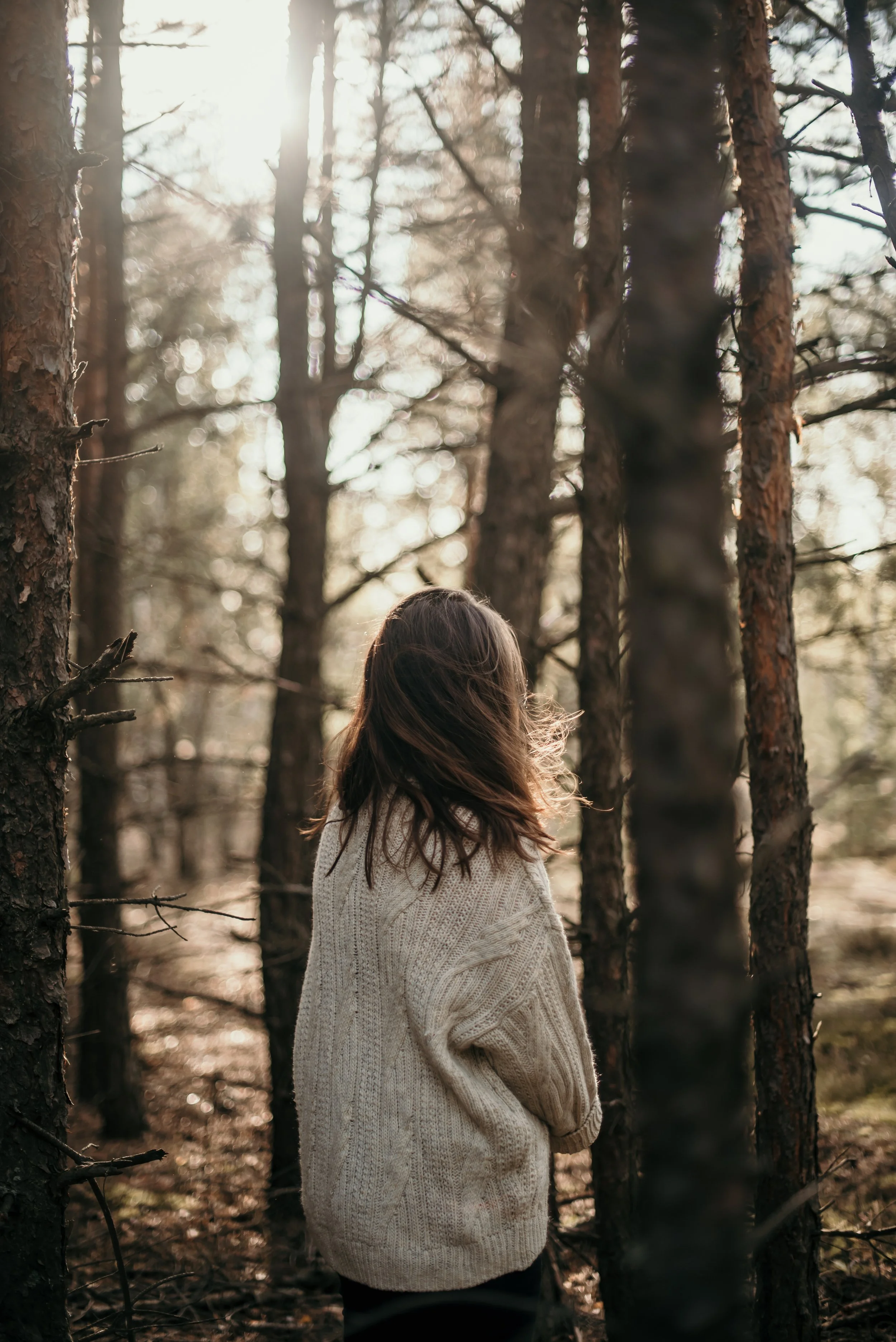 A young woman with brown hair wearing a cream knit sweater standing among tall trees in a forest during sunset.