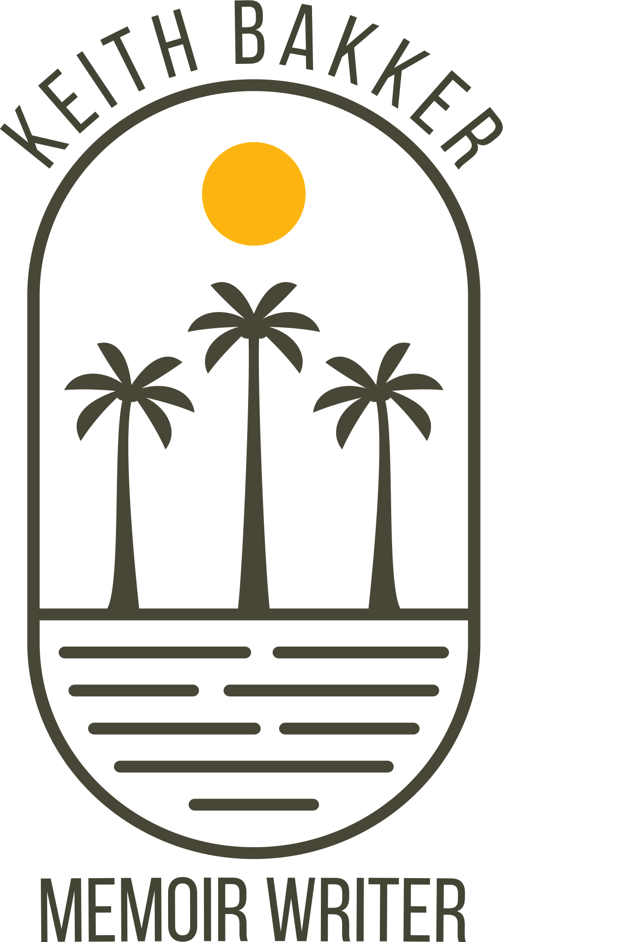 Logo featuring three palm trees and a yellow sun inside an oval shape, with the text 'KEITH BAKKER' above and 'MEMOIR WRITER' below.