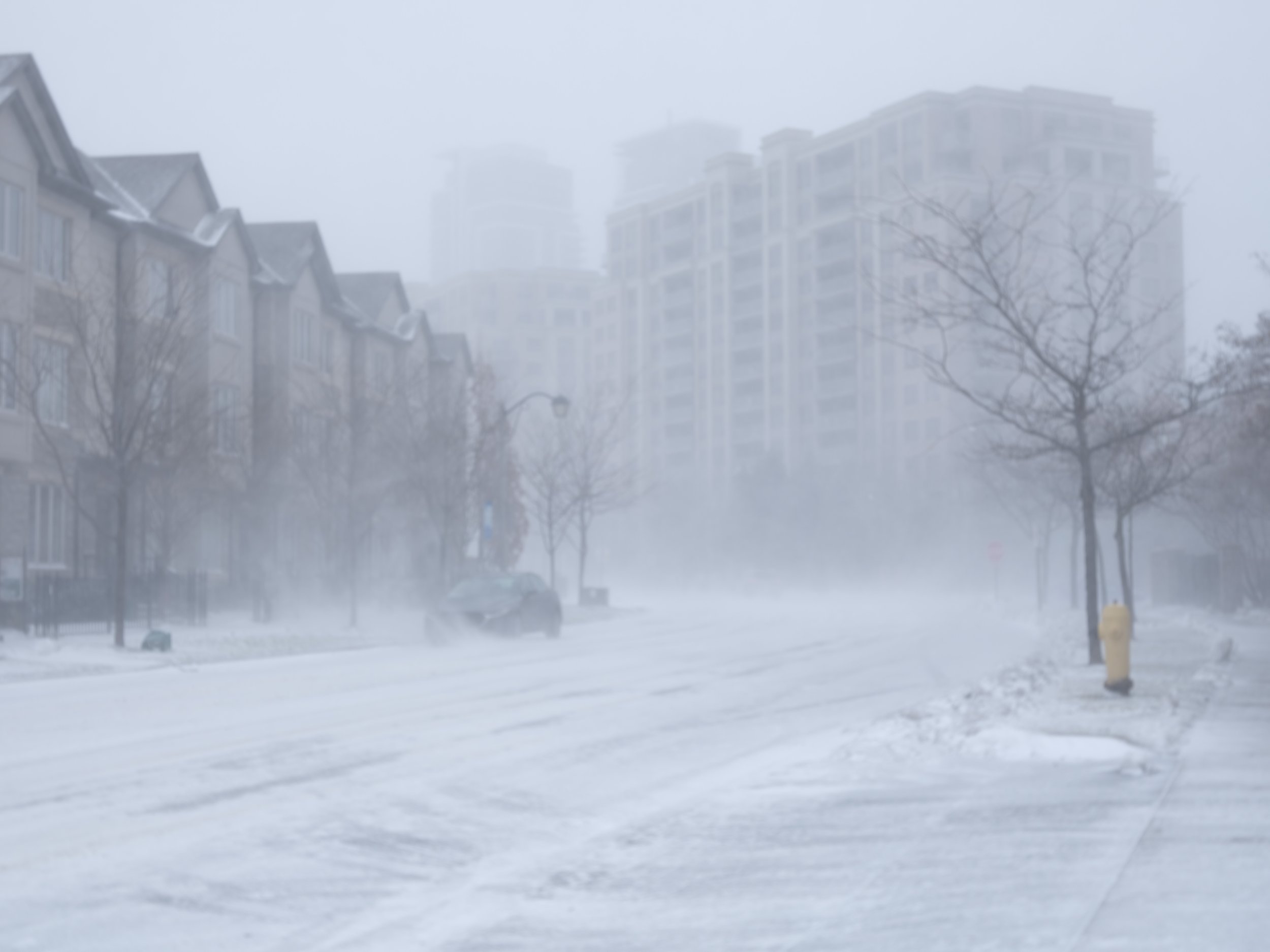 Snow-covered urban street with buildings, trees, parked car, yellow fire hydrant, and foggy weather.