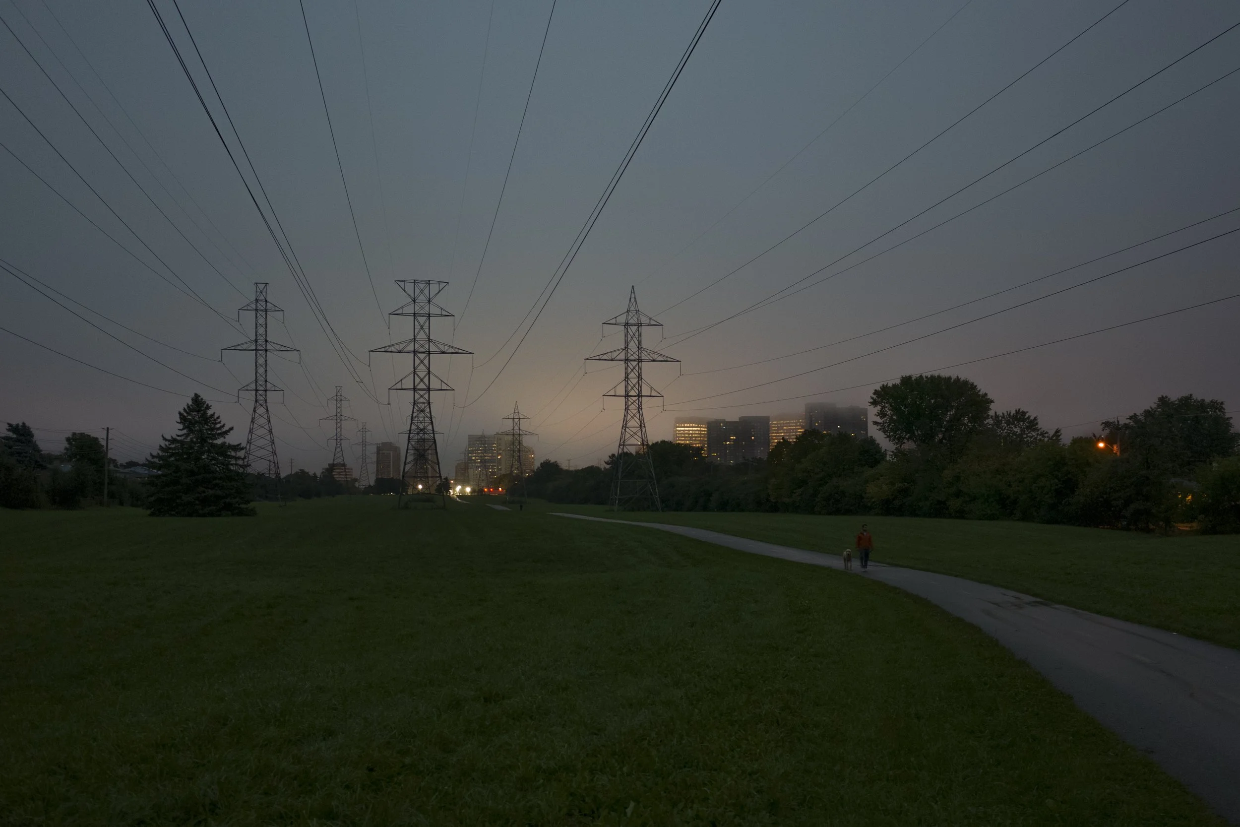 A person walking a dog on a paved path through a park at dusk, with a city skyline and power lines in the background.