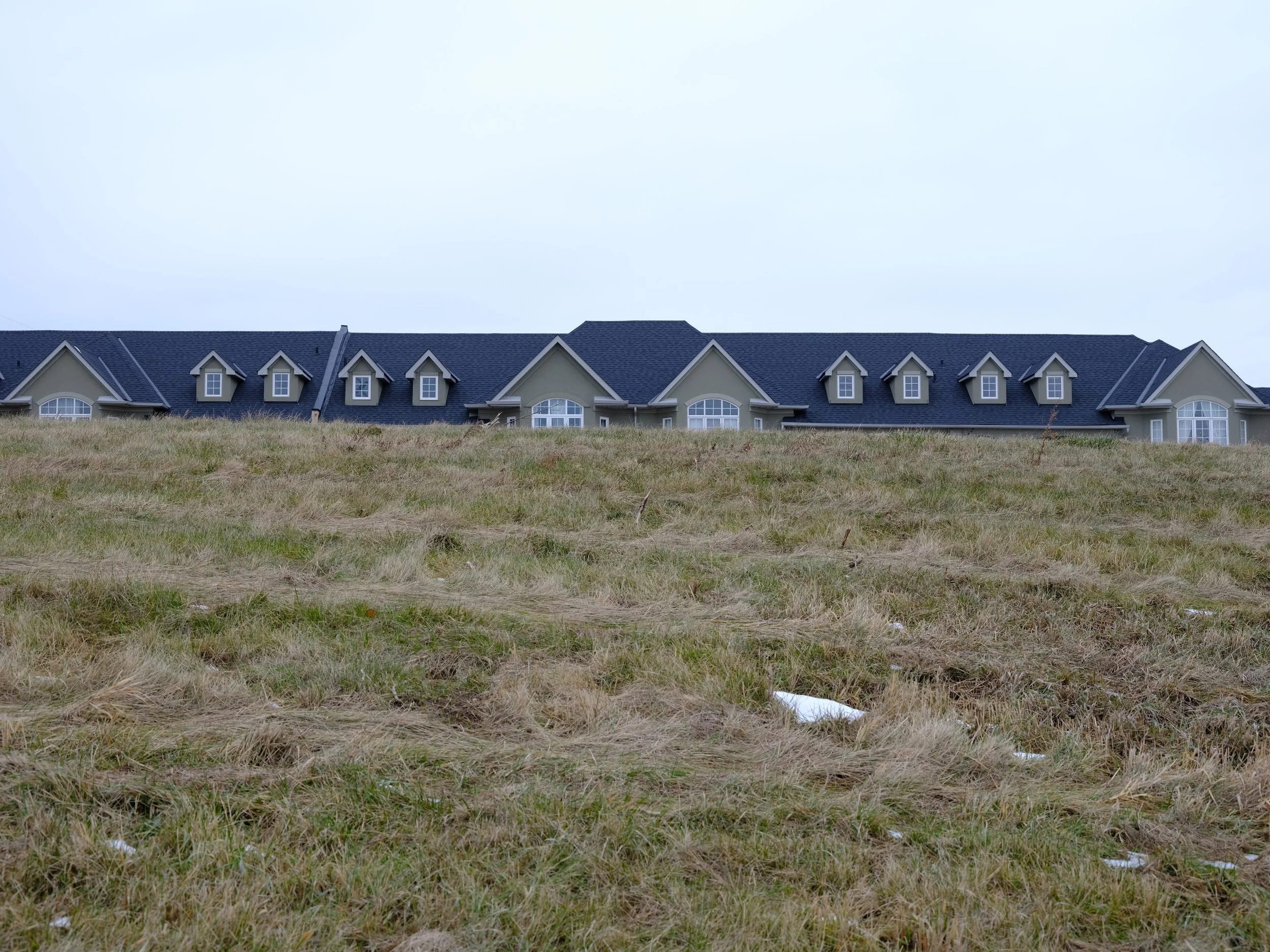 A row of houses with dark roofs and large windows viewed from a grassy field under an overcast sky.