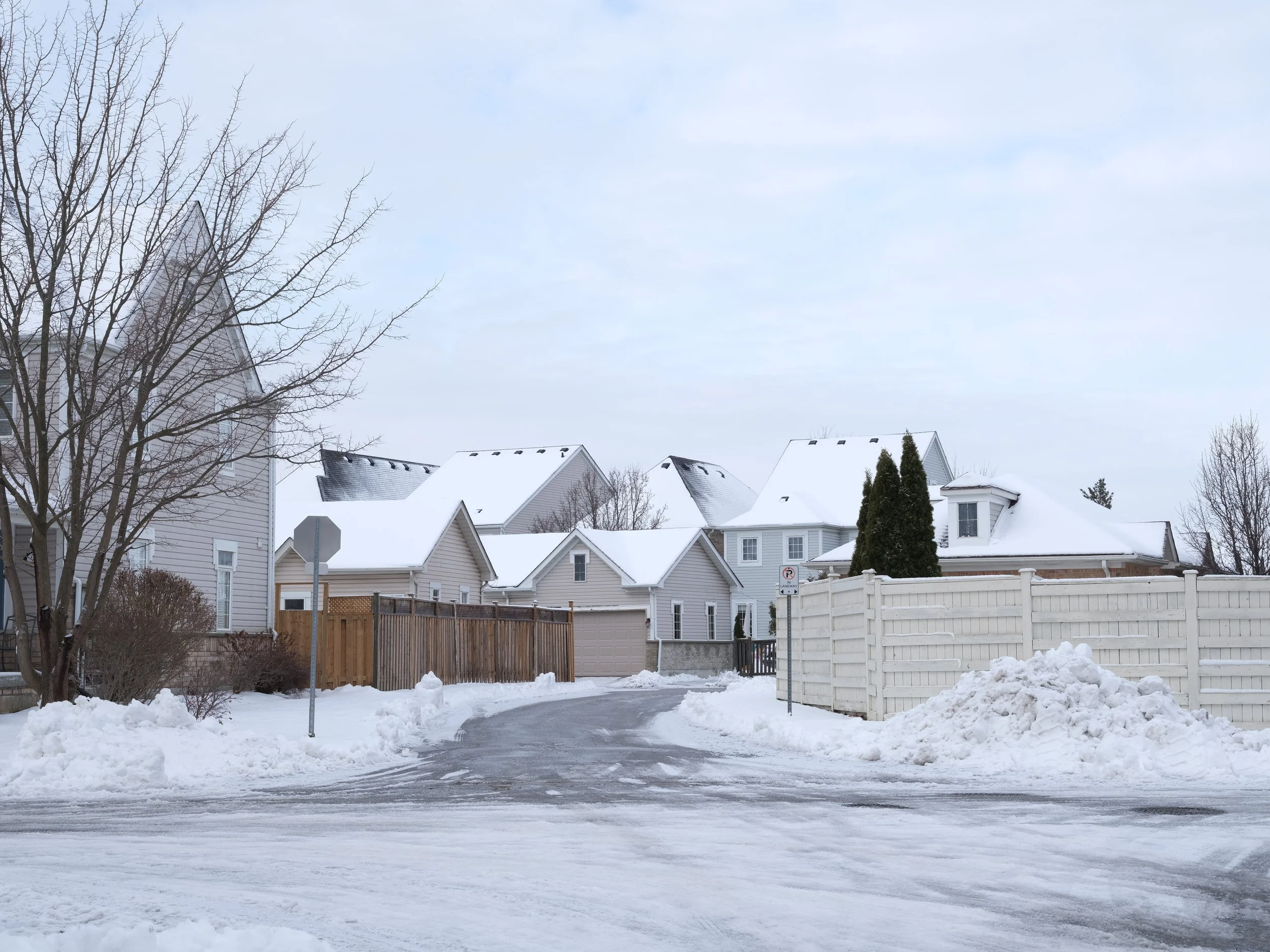 A snowy residential neighborhood street with snow piled along sides, houses with snow-covered roofs, trees without leaves, and a cloudy sky.
