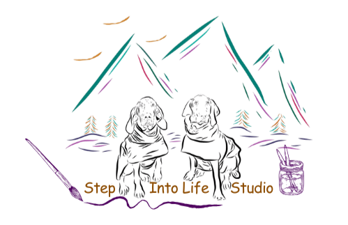 Illustration of two dogs sitting in front of colorful mountain scenery with trees, under the text 'Step Into Life Studio' and a paintbrush with a smiley face.