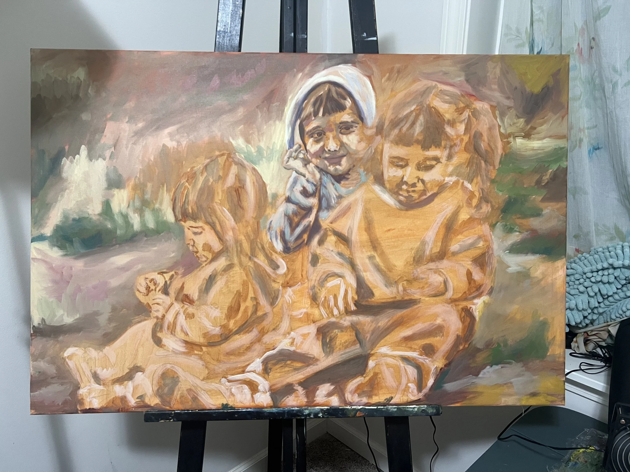 A colorful painting of three young children sitting outdoors. The child on the left is looking down and holding a small object. The child in the middle is smiling and holding a phone to their ear. The child on the right is looking down at their hands