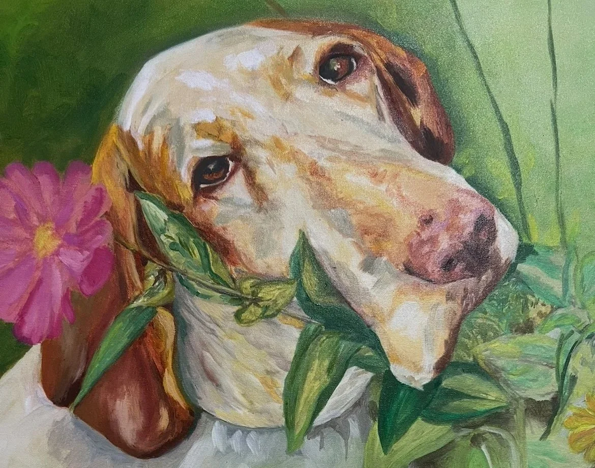 Painting of a dog with a pink flower and green leaves behind it, with a green background.