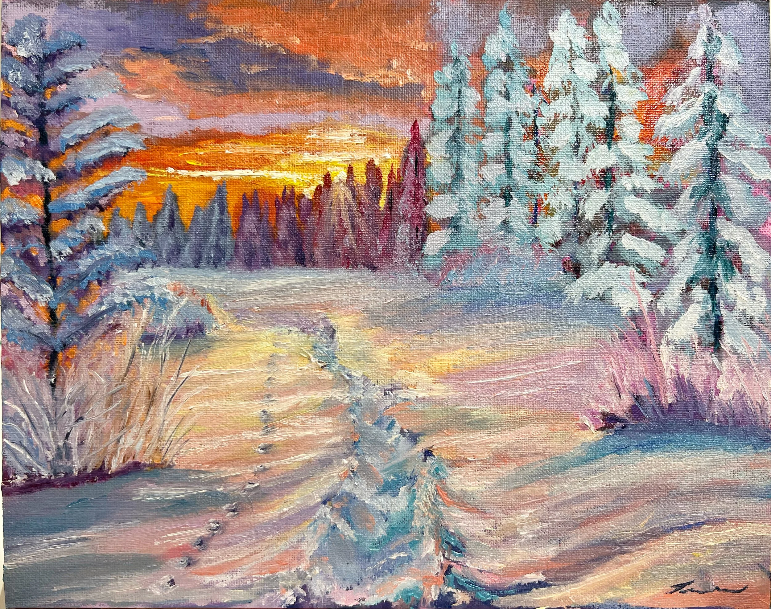 An impressionistic painting of a winter winter landscape at sunset, with snow-covered trees and a path leading into the distance, illuminated by a warm orange and yellow sky.