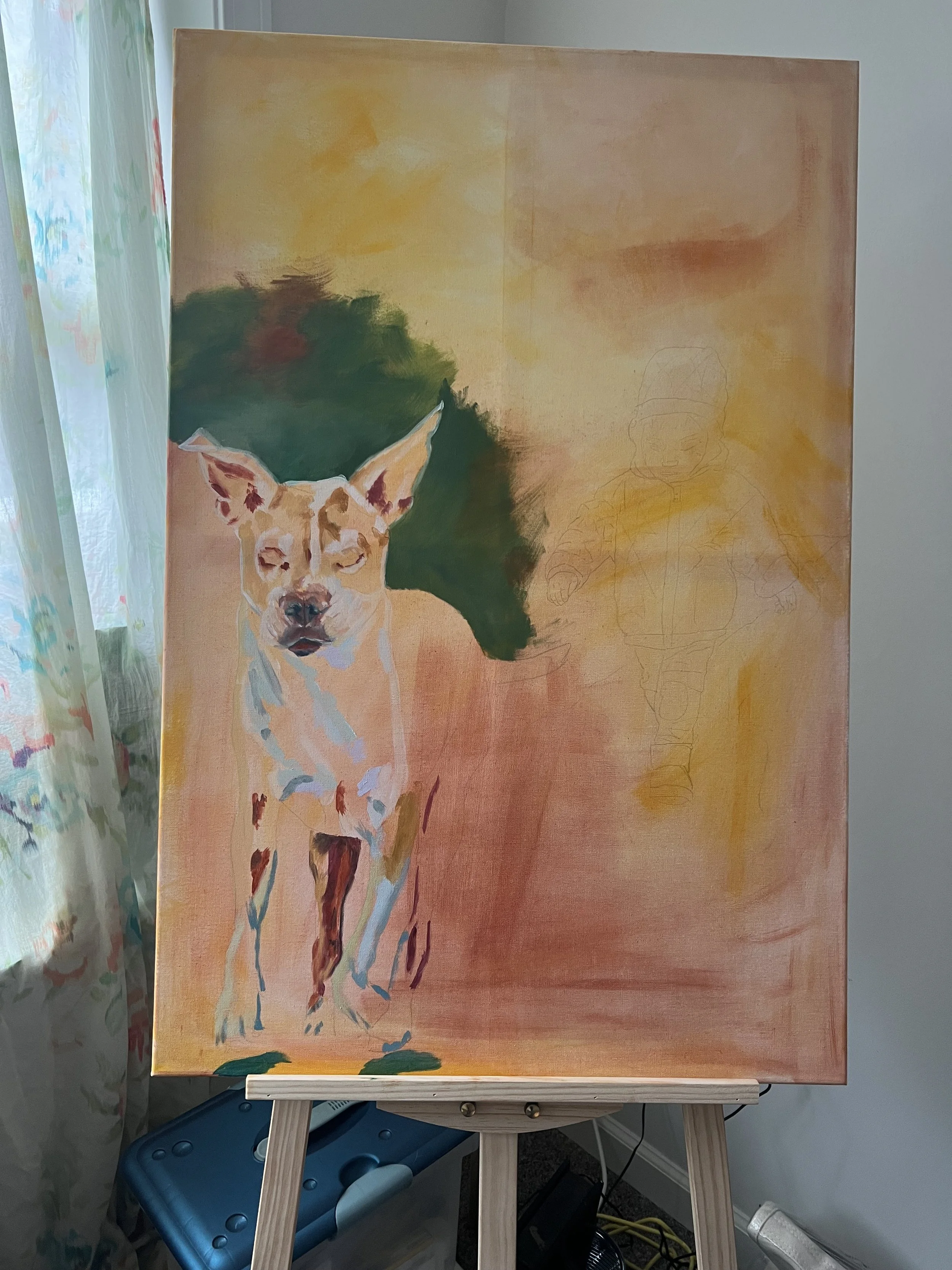 A partially completed portrait painting of a dog on a canvas. The dog has a tan and white coat with large ears and is standing on a colorful background. The right side of the canvas shows the sketch outline of a person.