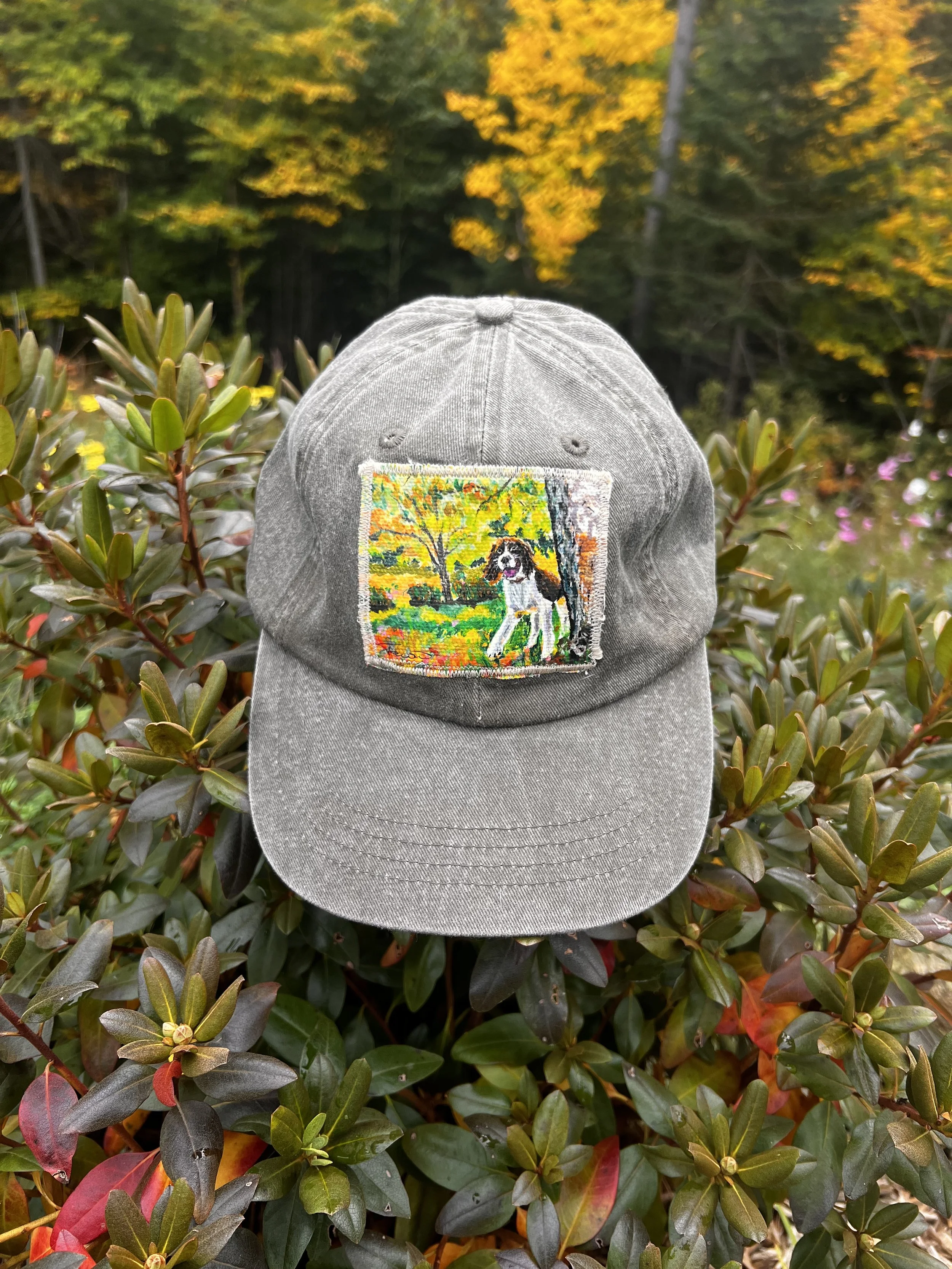 Gray baseball cap with embroidered dog scene in a park with autumn foliage.
