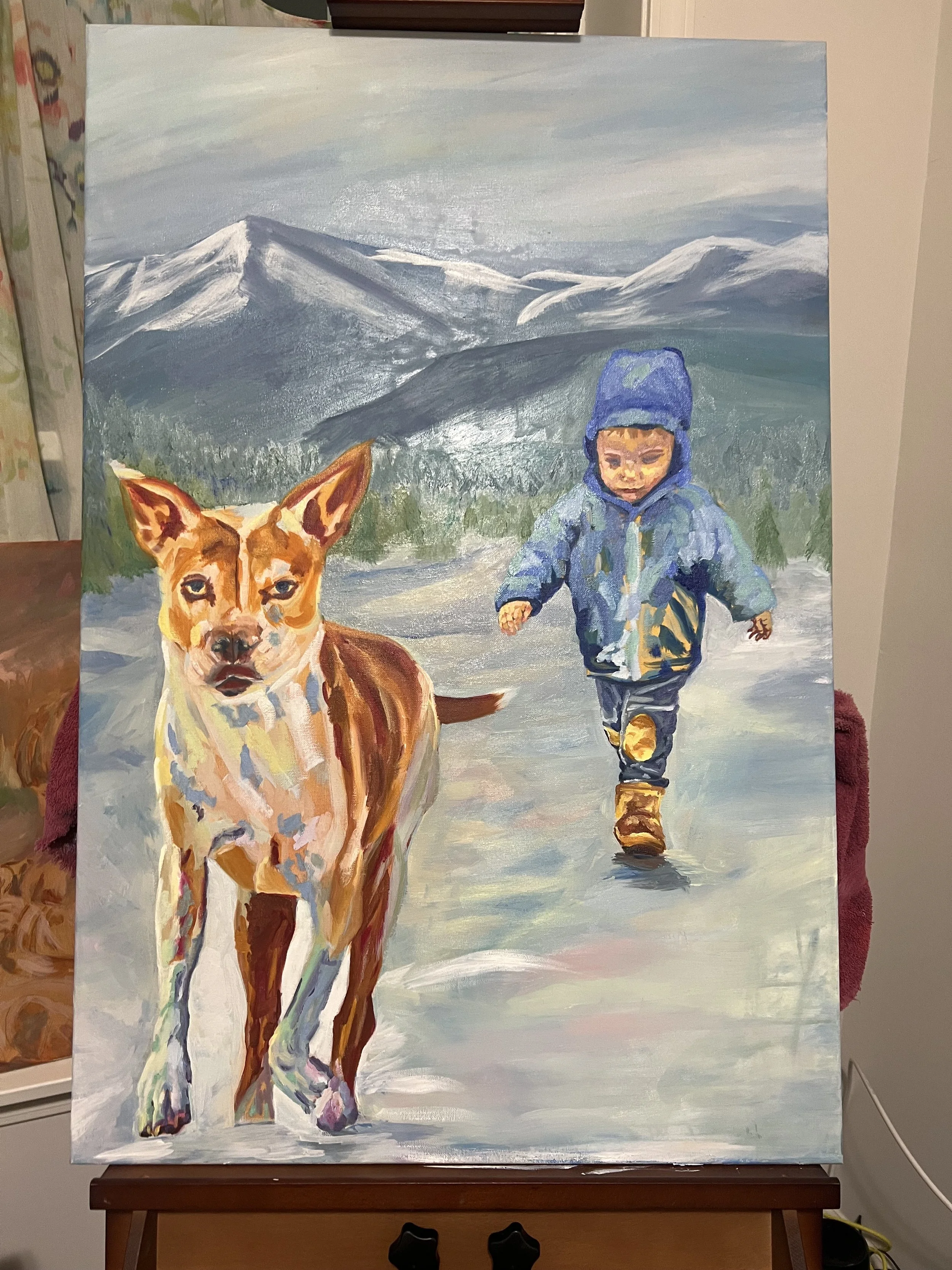 A painting depicts a young boy walking on snow in a mountainous landscape with snow-capped peaks in the background, accompanied by a brown and white dog walking alongside him.