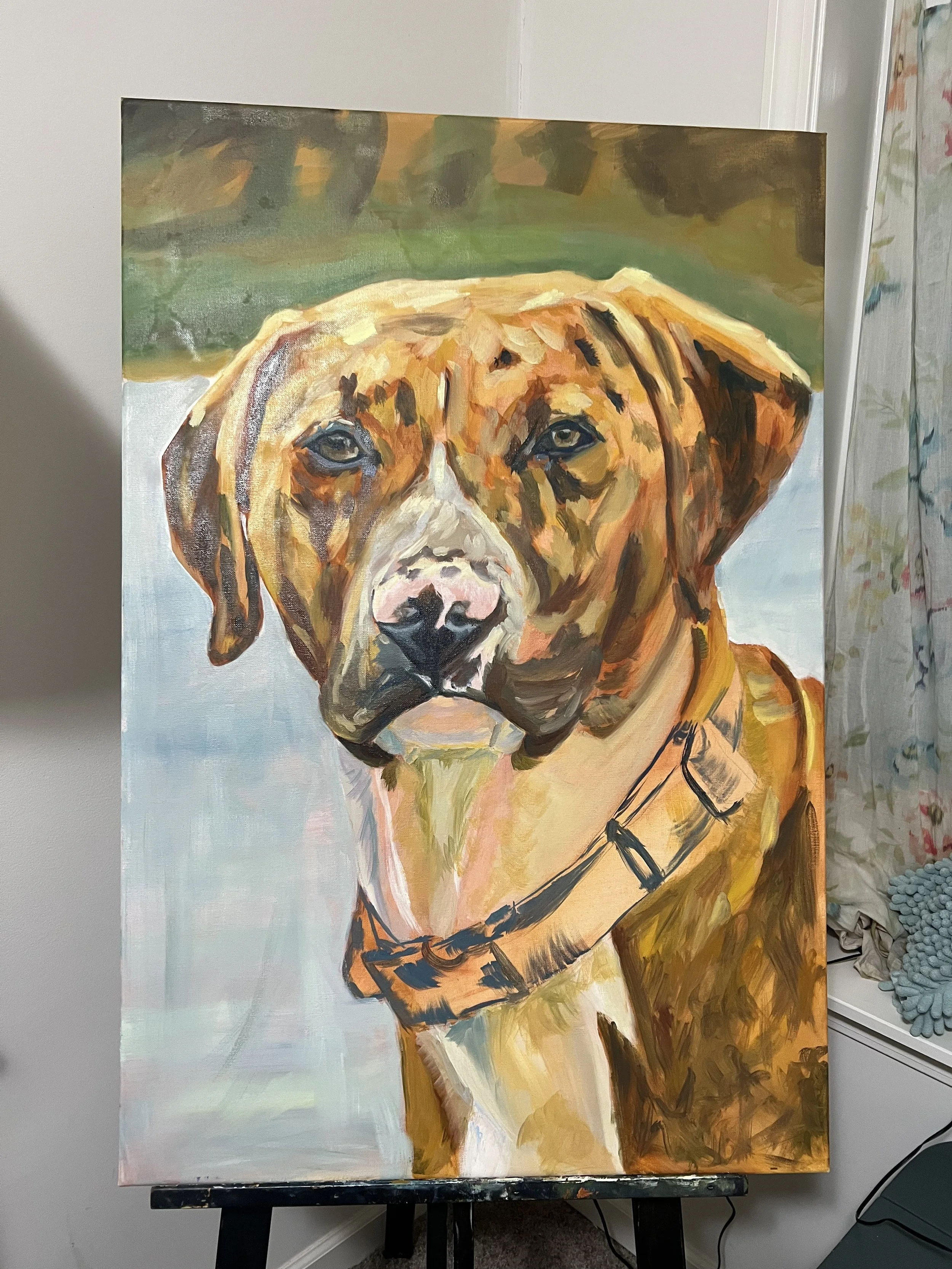 Painting of a brown dog with a pink nose and a black collar, looking straight ahead against a background with green, gray, and blue tones.