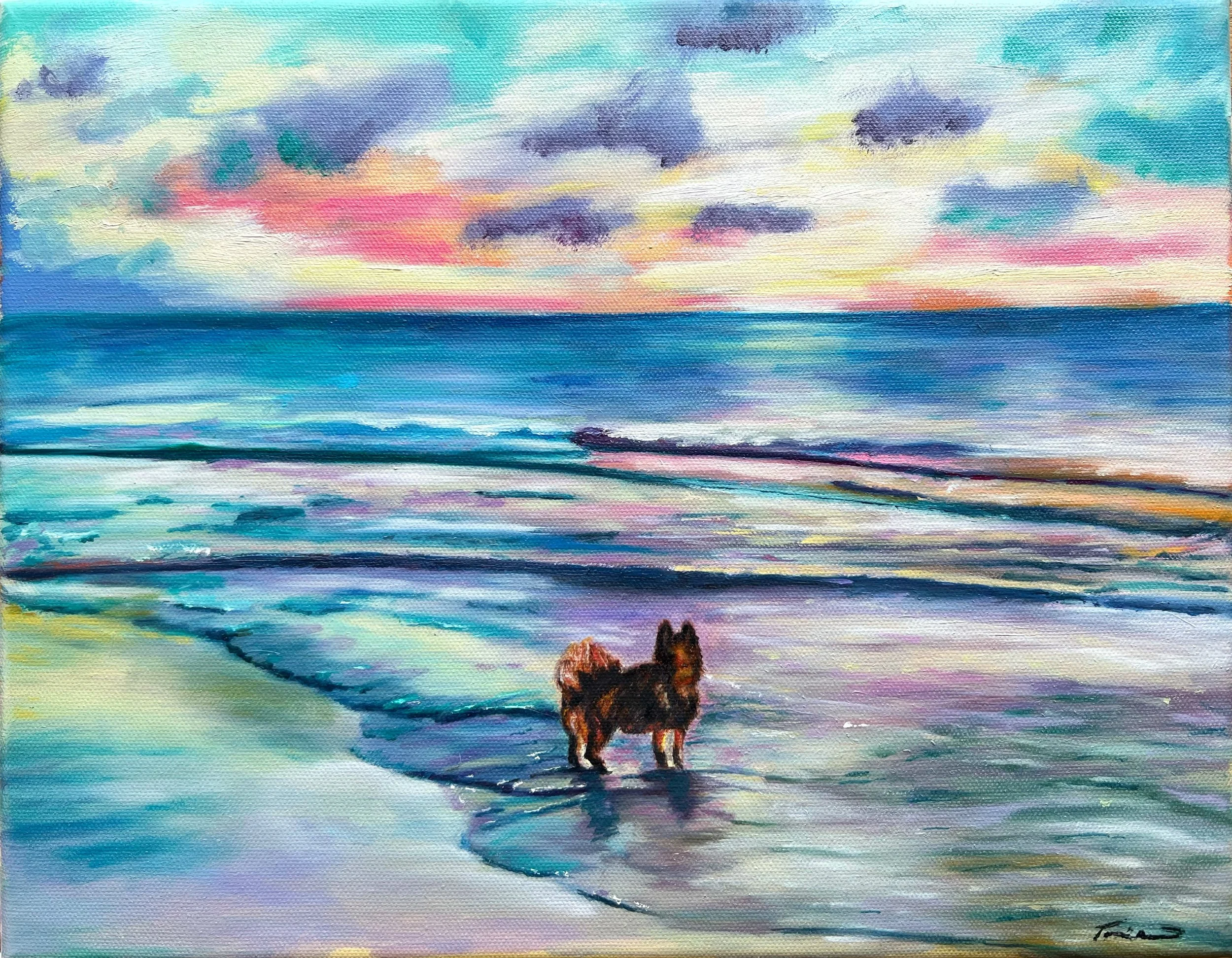 A painting of a dog on a beach at sunset, with colorful sky and ocean sunset reflected on the water.