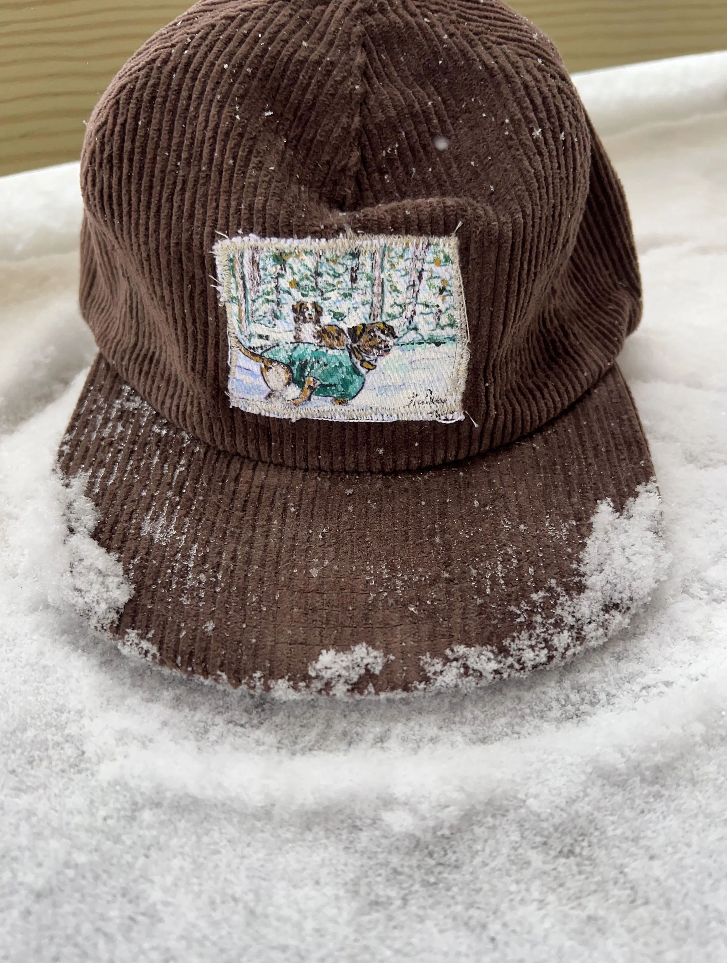 A brown corduroy cap with a colorful embroidered patch of a dog in a forest, resting on snow-covered ground.